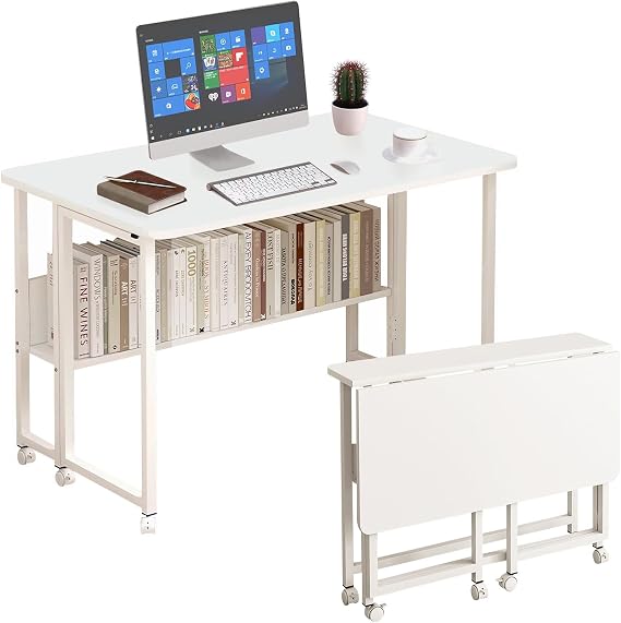 White 80*58x Folding Desk Compact Desk Space Saving Telework Desk