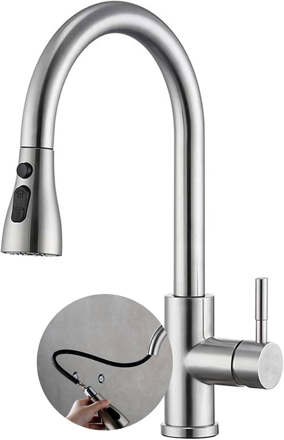 High Arc Kitchen Sink Mixer Tap with Pull Out Spray, 360° Swivel Spout, 3 Spray Modes, Single Lever Brushed Stainless Steel Tap,Kitchen Tap
