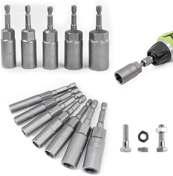 12 Piece Socket Spanner 6-19 mm Socket Adpater Nut Set Long Hexagonal Bit Sockets 1/4 Inch Hexagonal Socket Set Processing Depth 34 mm for Screwdriver Screw-On Wrench