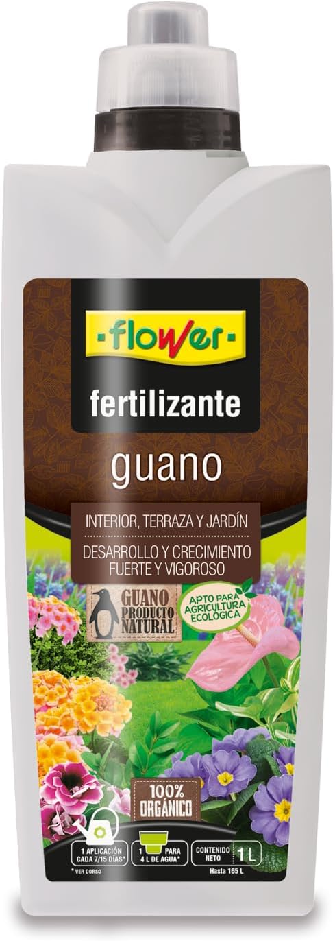 Flower - Liquid Fertilizer Guano 1L | Fertilizer Guano NPK 6-4-5 | Indoor, Outdoor and Garden Plants | Natural Organic Fertilizer | Dosing Cap