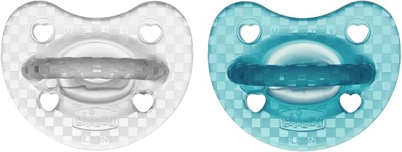 Chicco Physio Luxe Baby Pacifier 16-36 Months, Newborn Pacifier, 100% Soft and Flexible Silicone, Soft Nipple, Supports Physiological Breathing and Mouth Development, Blue and Transparent, 2 pcs