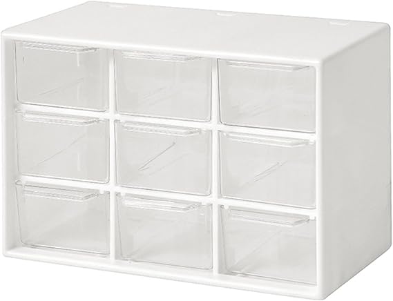 Mini Storage Drawers, Small 9 Drawers Organizer Bins Stackable Clear Plastic Box for Desk Office Bedroom Kitchen Makeup Jewelries Parts Gadgets Square Trays Desktop Stationary (White)