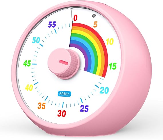 Visual Timer for Kids, 60-Minute Countdown for Classroom Office Kitchen, Desk Timer Kids Time Management Tools with Silent Operation, Pomodoro Time Rainbow Pattern (Pink)