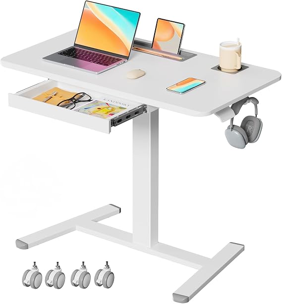 Mobile Standing Desk, 35 inch Rolling Standing Laptop Desk with Cup Holder, Mobile Desk Workstation with Wheels, Portable Computer Desk Cart with Hook for Home Office, White