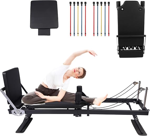Foldable Reformer Pilates Machine, Compact Pilates Reformer Core Bed Equipment with Resistance Cords for Home Gym Workout