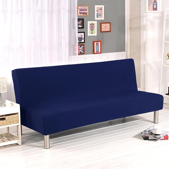Stretch Futon Cover Armless Sofa Slipcover Foldable Sofa Bed Covers with Elastic Band, Machine Washable (Dark Blue)