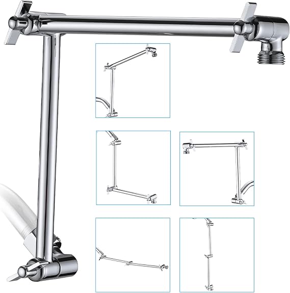 PDPBath Shower Extension Arm, 16" Upgrade Solid Brass Shower Head Shower Head Extender, Adjustable Height Extended with G1/2 Universal Connection for Rain & Handheld Shower Head - Chrome