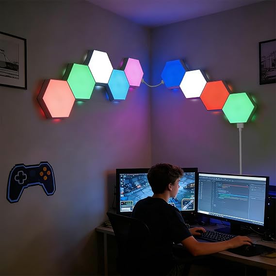 Hexagon Sensory LED Lights 9 Pack, 13 RGB Colors Touch Remote Control, Expandable Modular DIY Panels, USB Powered for Gaming Room Bedroom Living Room Wall Decor