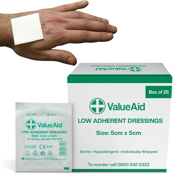 Value Aid Low Adherent Dressing Pads - 5cm x 5cm Hypoallergenic Sterile Wound Care, Non-Stick Surface for Gentle Removal - Individually Wrapped Medical Dressings for Cuts & Grazes (25 Pack)
