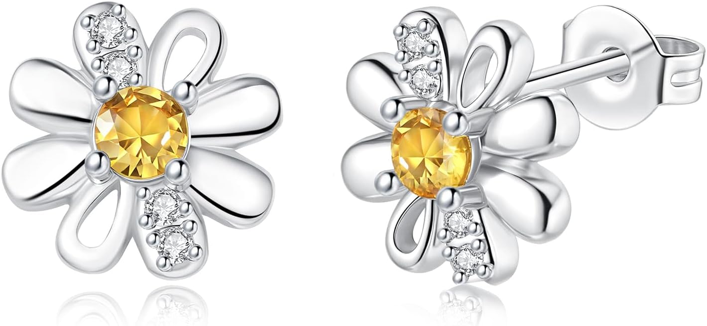 DOA Sterling Silver Daisy Stud Earrings for Women, CZ Flower Stud Gilrs Earrings, Hypoallergenic Studs Earring Jewellery Gifts For Women Girls