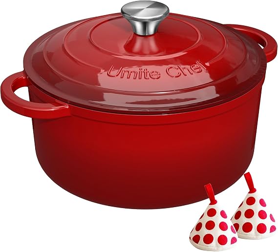 Umite Chef 7QT Enameled Cast Iron Dutch Oven with Lid & Cotton Potholders–Heavy-Duty Cookware for Bread Baking, Braising, Stews, Marinate, Cook(Red)