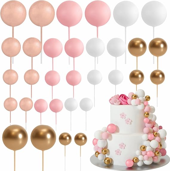 ASTARON Pack of 32 Cake Decoration Balls Mini Balloons Cake Toppers for Wedding Party Baby Shower Birthday Cake Decoration (Rose Gold Pink)