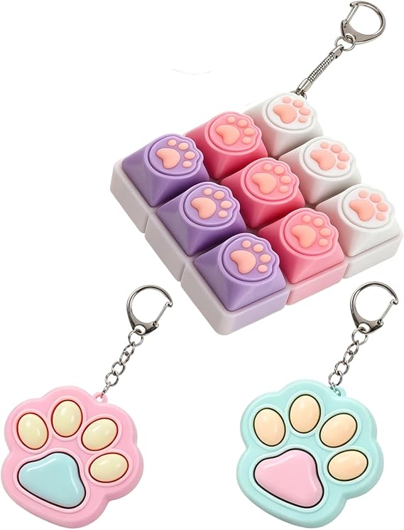 3 PCS Fidget Clicker Keychain Set, 9-Keys + 2 Large Cat Paw Buttons (Pink & Green), Portable Keyboard-Style Clicker for Office, Travel and Daily Use