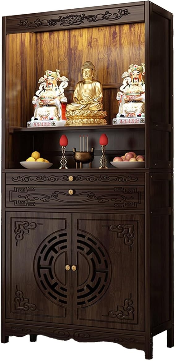 Altar Table With Multi-layer Storage, Intricate Shrine Altar Cabinet Pedestal Offering, Bamboo Meditation Table With Pull-out Shelf For Home Worship, Pooja Mandir Temple