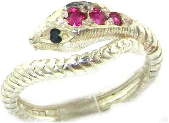 Fabulous Solid Sterling Silver Natural Ruby & Sapphire Detailed Snake Ring
