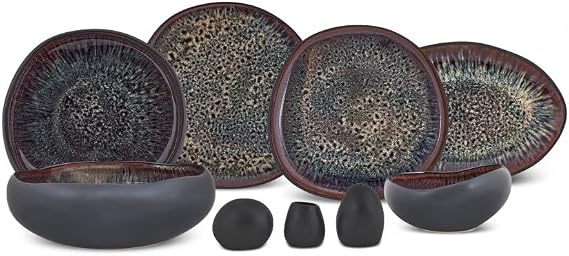 Karaca 55-Piece Stoneware Crockery Set for 12 People, Multicoloured Plate Set, Dishwasher Tableware Set, Earth Collection with Galactic Reactive Glaze, Black