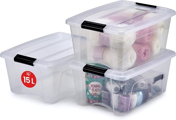 Iris Ohyama, set of 3 stackable storage box, click lock – New Top Box NTB-15 – plastic, transparent, 3 x 15 l, U 39.5 x G 29 x Y 18.6 cm