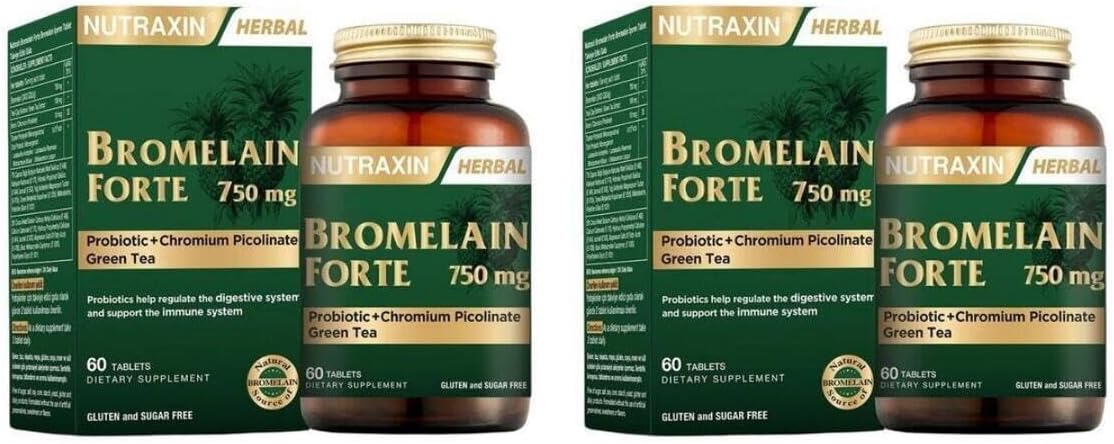 Nutraxin Bromelain Forte 750 mg, Probiyotik + Krom Pikolinat + Yeşil Çay, 60 Tablet, 2 Adet