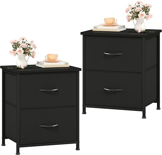 Somdot Black Bedside Table Set of 2, Bedroom Bedside Cabinet with 2 Fabric Drawers, Nightstand Side Table for Kids Living Room Dorm, Black