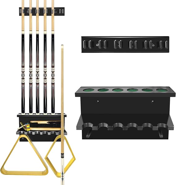 Wall Mounted Pool Stick Holder, Pool Cue Rack Hardwood Pool Cue Set Holder for 6 Cues Sticks Storage Pool Table Accessories Organizer,Billiard Cue Rack for Game Room Club (Black)