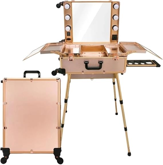 Rolling Cosmetic Case Professional Rolling Cosmetic Case Beauty Makeup Trolley Suitcase Mirror Box Pink Luggage(24inch Rosegold Bulb)