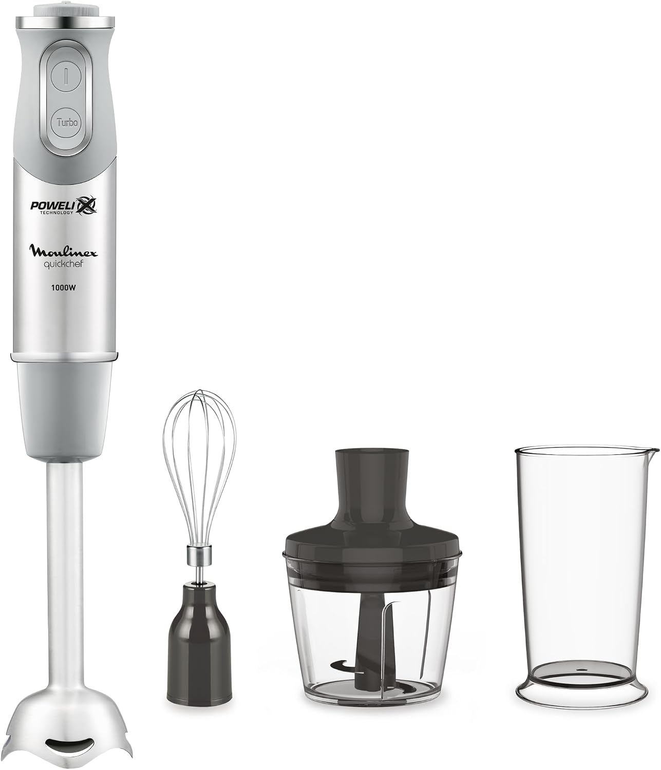 Moulinex QuickChef DD655D Batidora de Mano de 1000 W, con Regulador de 10 Velocidad Turbo con 2 Accesorios para Picar y para Montar y Vaso Medidor, Cúpula Antisalpicaduras, Acero