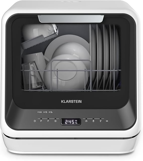Klarstein Amazonia Mini Dishwasher – Compact Countertop, 7 Programs, 5L Tank or Direct Connection, Energy Efficiency Class D, Quiet 58dB, Digital Display, Portable Table Top for Small Kitchens, Black [Energy Class D]