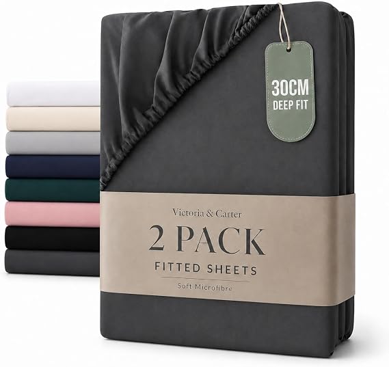2 Pack Double Fitted Sheet (30cm) - Ultra Soft Microfibre Bed Sheets, Elasticated Corners, Shrink and Fade Resistant, Wrinkle-Resistant, Breathable for Double Beds (Double, Charcoal Grey)