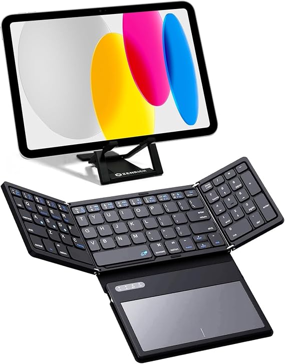 zenrich Foldable Bluetooth Keyboard W/Touchpad/Number Pad/Stand, Black