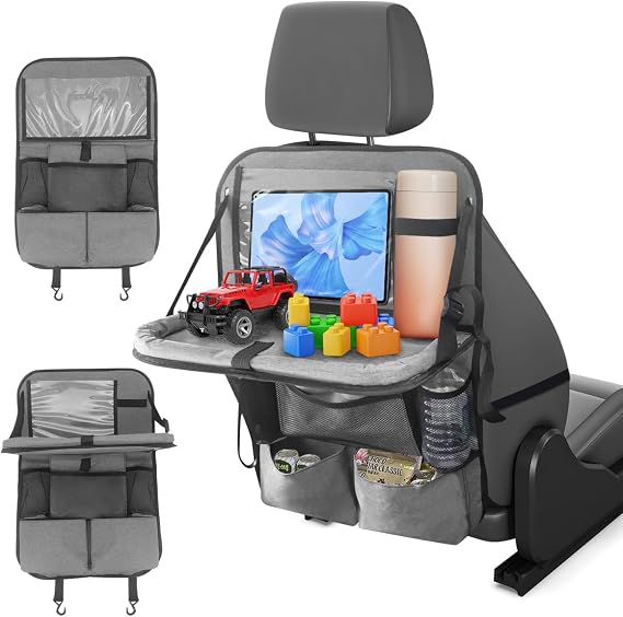 Car Seat Organiser Back Seat for Kids with Foldable Tray Table & Tablet Holder - 11+2 Pockets Storage Bag with Kick Mats Protector, Multi-Functional Car Tidy Organiser for Laptop/Snack