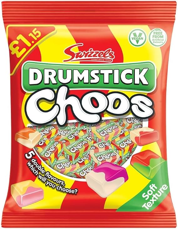 Swizzels Drumstick Choos Sharing Bag 115g – Fruity Chewy Retro Sweets for Party Bags, Sharing & Candy Snacks, Assorted Swizzels Sweets