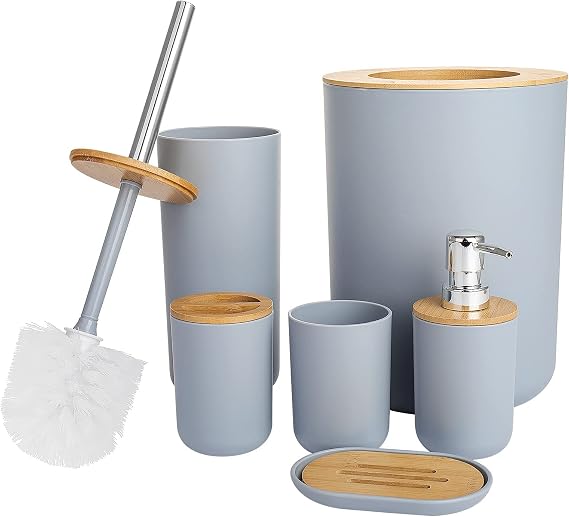 Bathroom Accessories Set 6 Piece Bin Toilet Brush Soap Grey