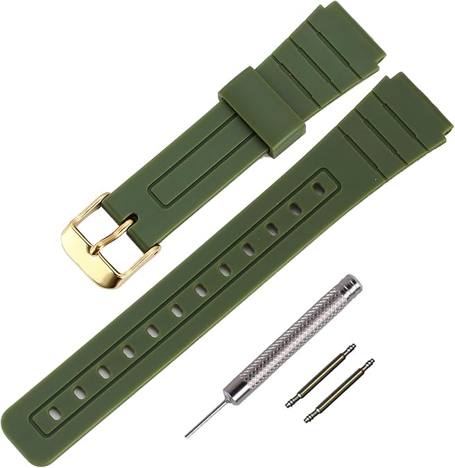 TPU Watch Strap Replacement for Casio F-91W/F-84/F-94/F-105/F-108/A-158watch bands for men and Women (ArmyGreen/Gold Buckle)