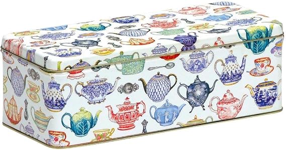 TEAPOTS DESIGN Cream Cracker/Biscuit Tin - Long, Deep Rectangular Kitchen Tin