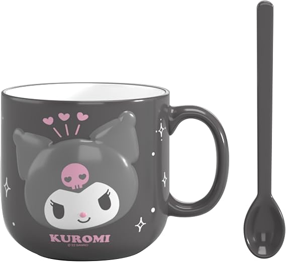 MINISO Sanrio Lisanslı Kabartmalı Seramik Kaşıklı Kupa (450mL)(Kuromi)
