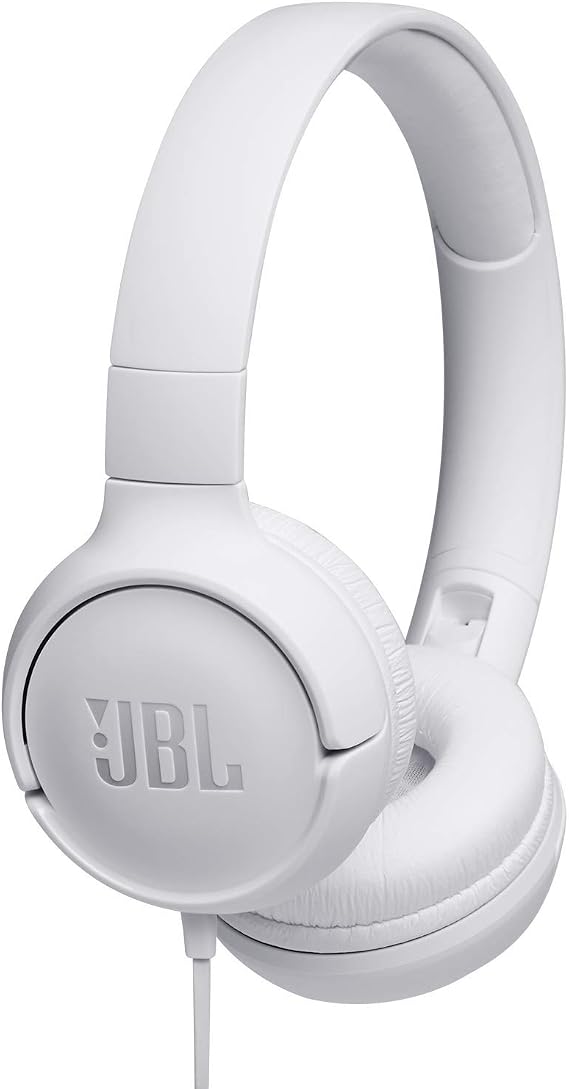 JBL Tune 500 On-Ear Lightweight Foldable Headphones with Pure Bass Sound, 1-Button Remote with Built-In Microphone, White