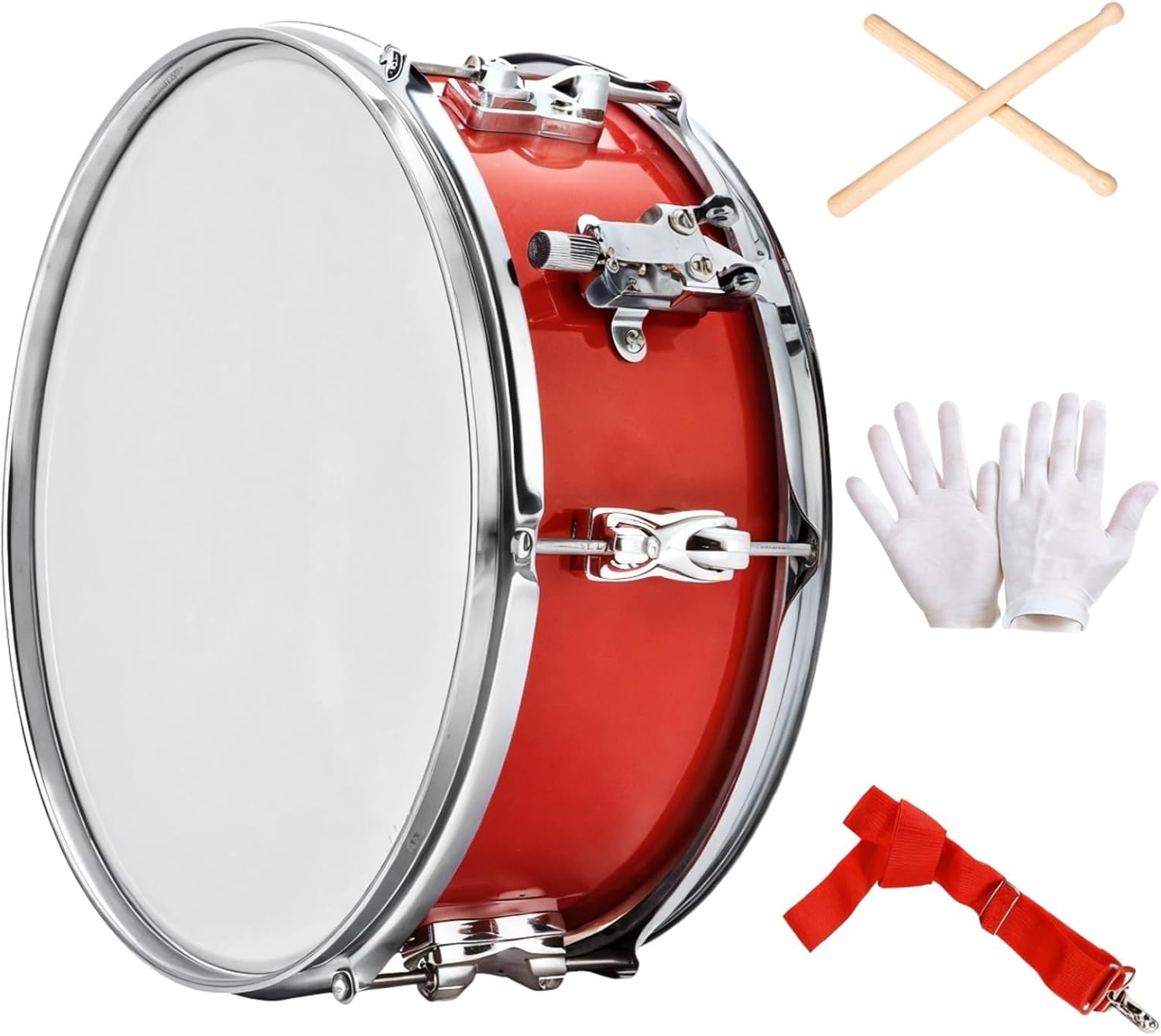 Complete Snare Drum Kit with Wooden Mallets, Gloves, and Adjustable Strap, 13in Marching Drum Set, Red Single-Tone Drum for Beginners and Advanced Learners