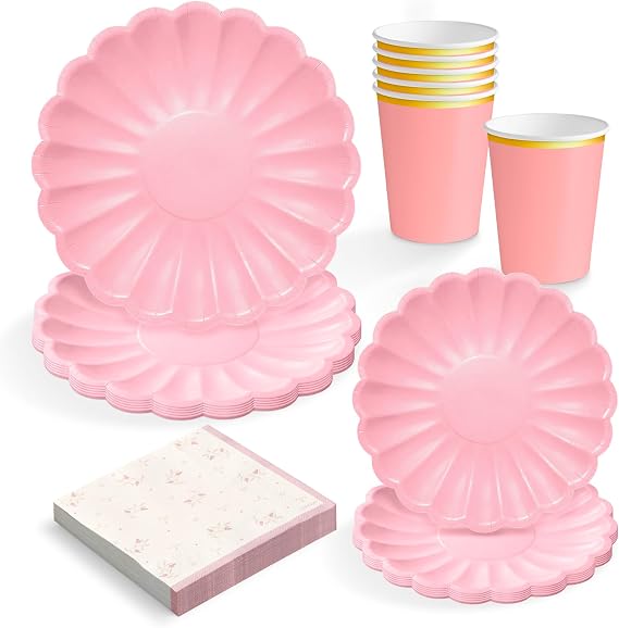 OH YEAH - Disposable Party Tableware Set for 6 People – Paper Cups 270 cc + Paper Plates Ø18 and Ø23 cm + Paper Napkins – Tableware for Birthdays and Events – Party Colour Floral (Pink)