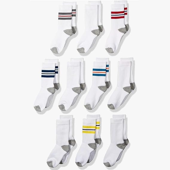 Amazon Essentials Boys' Cotton Crew Sports Socks, 10 Pairs