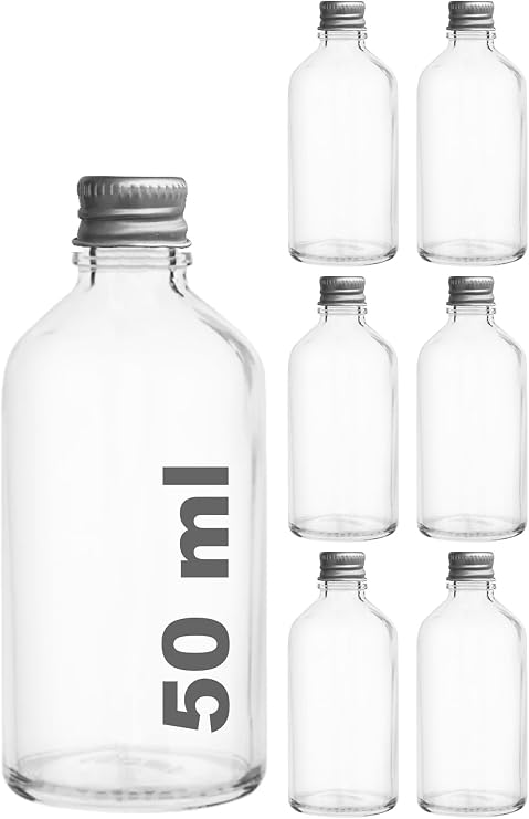Afracam 50 cc Gümüş Metal Kapaklı Hediyelik Shot Şişesi 50 ml Kolonya Koku Süs Küçük Şeffaf Cam Şişe 6 Adet