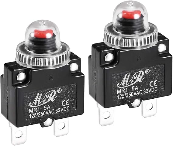 Sourcingmap Thermal Circuit Breakers 5A 125/250V AC 32V DC Push Button Reset Overload Protector Switch with Waterproof Cap 2 Pcs