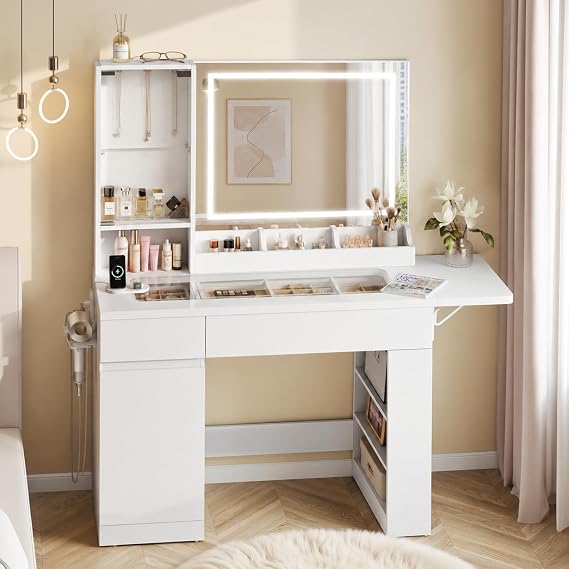Dripex Dressing Table with LED Light Mirror and Transparent Glass Top