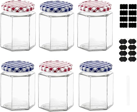Hexagonal Glass Jam Jars Set of 6, 280ml / 9oz Airtight Storage Glass Jars with Screw Top Red and Blue Gingham Lids, Preserving Glass Jars as Pickle Jar, Jams, Honey, Candle Making