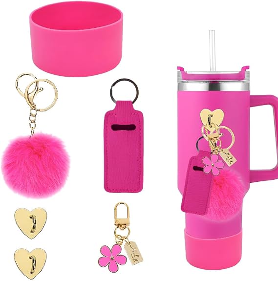 7 PCS Stanley Cup Accessories, Stanley Cup Accessories Straw Cover, Stanley Cup Accessories Set, Keychain Accessories for Stanley Cup 30oz 40oz Tumbler (Rose Red)