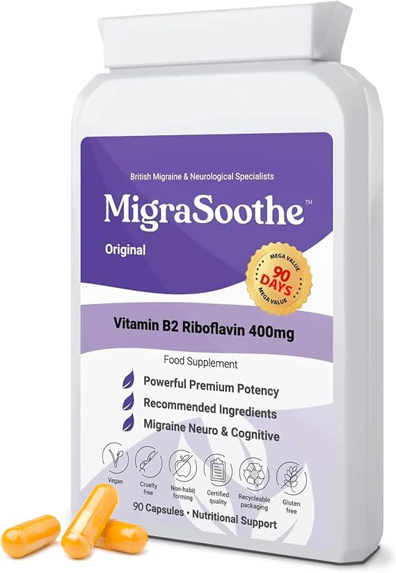MigraSoothe Original Vitamin B2 Riboflavin 400mg Capsules for Adults - High Strength Daily Supplement for Migraine Wellness Routine and Energy Metabolism - Vegan, Made in UK, 90 Capsules