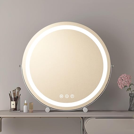 Large White Round Vanity Mirror With Lights Dressing Table, Light Up Makeup Mirror, Free Standing, 360° Rotating