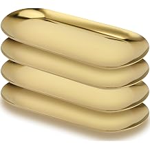 4 PCS Stainless Steel Oval Gold Trays, 30 x 12cm Metal Mirror Trays, Jewellery Cosmetic Vanity Tray for Makeup, Small Item Storage Organising, Bathroom