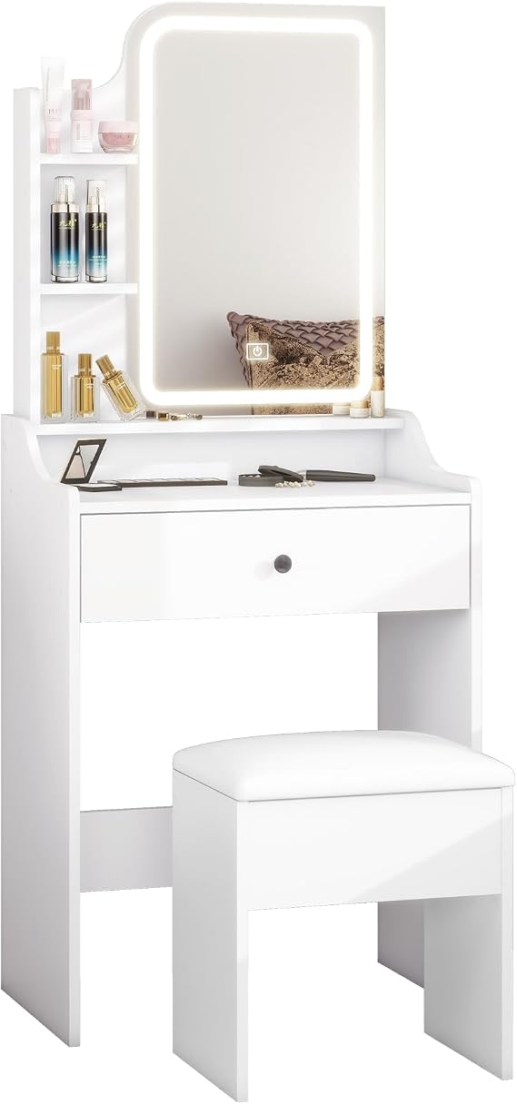 Panana Dressing Table with LED Lights, Vanity Desk with 3-Color Mirror and 1 Big Drawers, Makeup Desk with Cushioned Storage Stool for Bedroom Dressing Room (White)