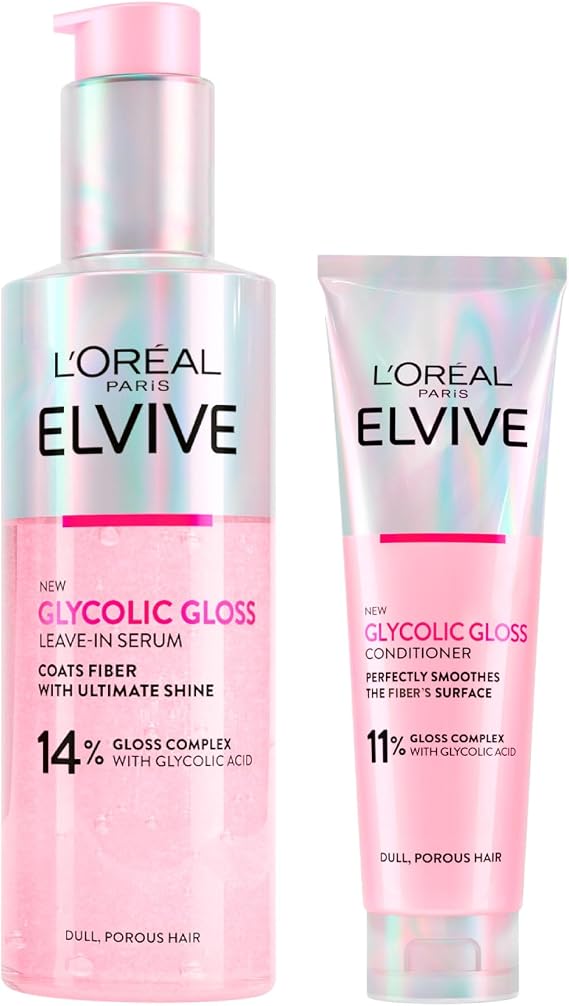 L'Oréal Paris Elvive Glycolic Gloss Hair Set Elseve with Glycolic Acid Leave-In Serum Porous and Dull Hair Long-lasting Smooth 150ml + Conditioner Fills and Seals Hair Fibres 150ml - 2 Bottles
