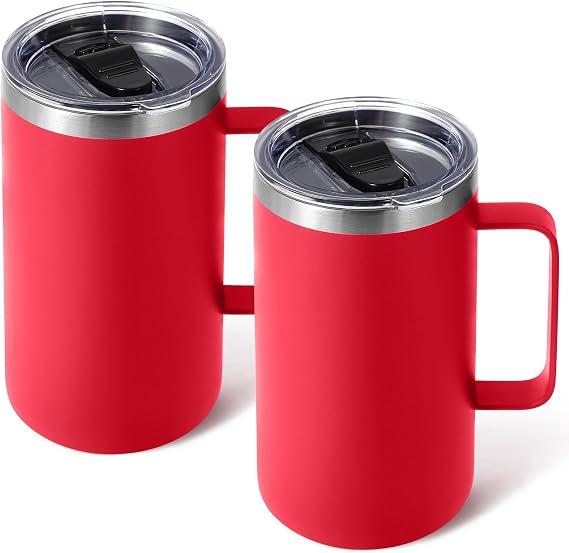 Volhoply 650ml Coffee Thermal Mug Double Wall Vacuum Insulated Stainless Steel Mug with Handle Food Grade 18/8 Stainless Steel Keeps Drinks Hot and Cold for Camping Office (Red Set of 2)